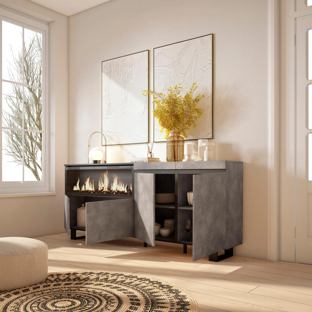 Credenza, Mobile, 208x35x87cm, 4 Porte, Camino elettrico XXL, Design industriale, grigio cemento RF3235