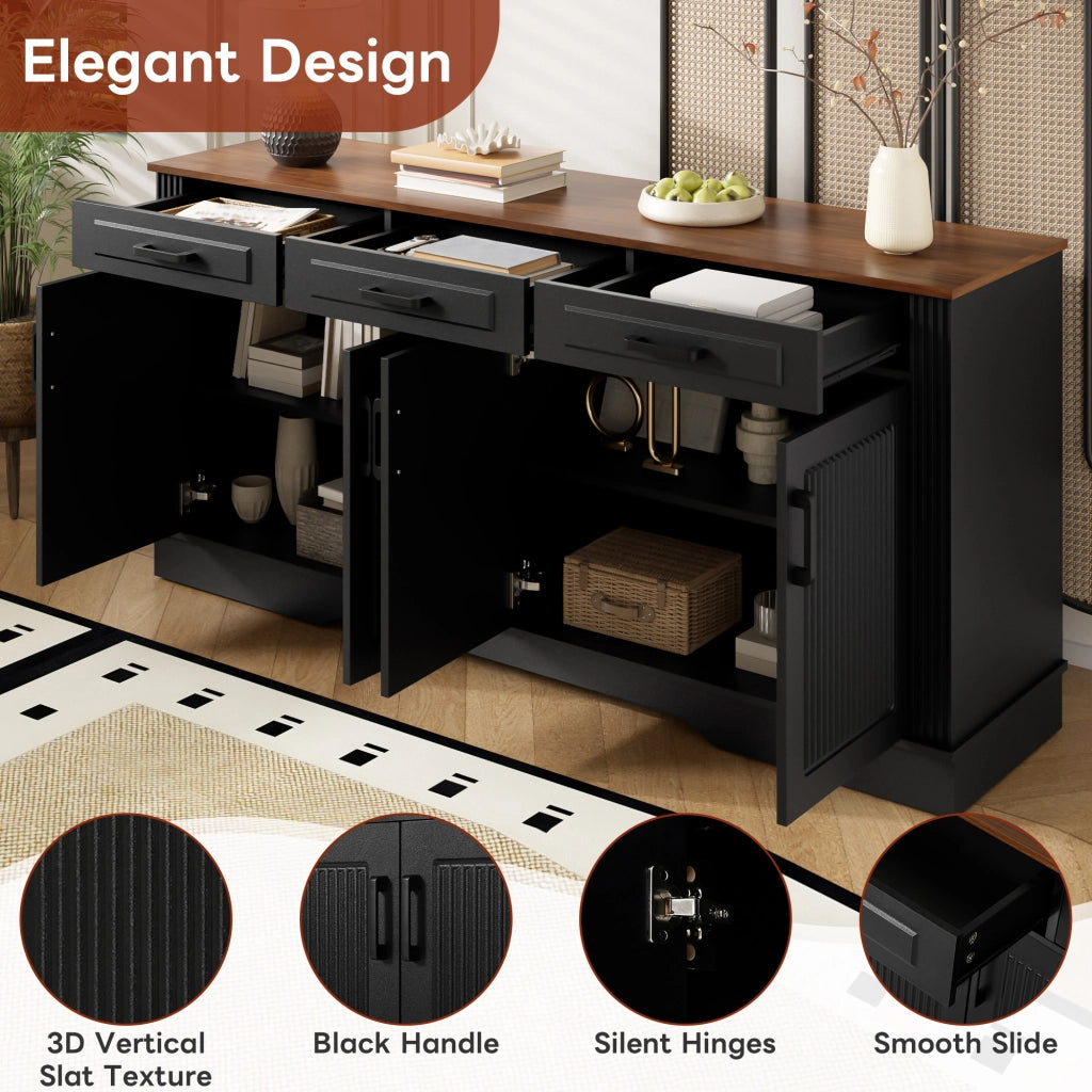Credenza e madia con 4 ante 3 cassetti e 2 vani, in MDF, nero, per soggiorno e ingresso, 160 × 40 × 75 cm