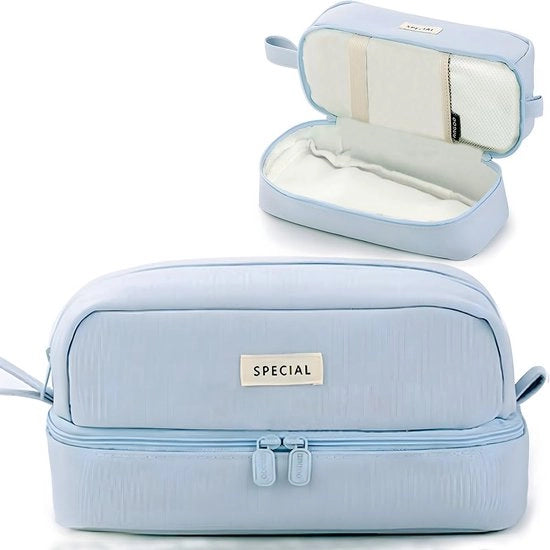 Etui con grande capacità, etui con 2 compartimenti per ragazzi e ragazze, etui portatile, etui per la scuola e l'ufficio (trucco) per studenti, adulti, donne (blu)