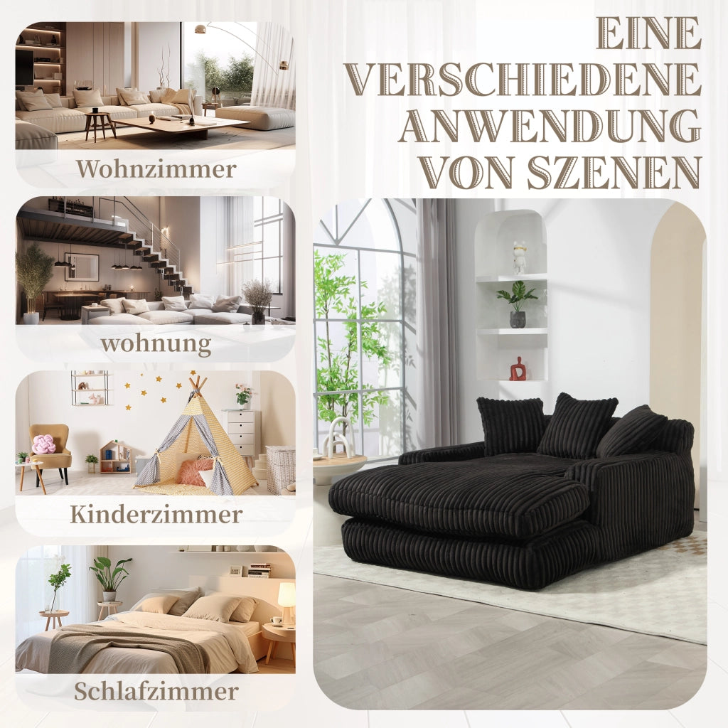 Méridienne Poltrona con 3 Cuscini, Design Ergonomico e senza Montaggio, in Velluto a Coste Nero 125 × 155 × 63 cm