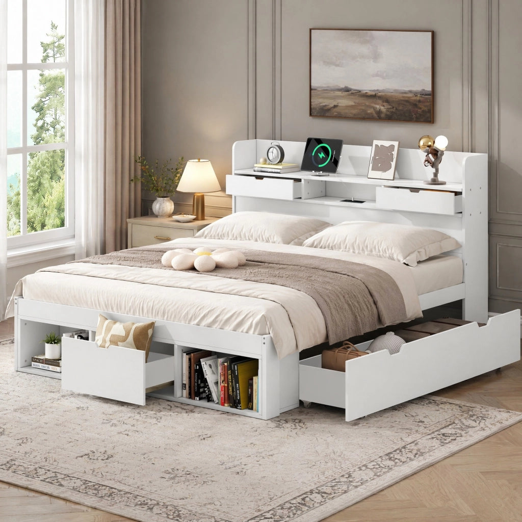 Letto matrimoniale 140x190 cm con USB; contenitore e cassetti; bianco in legno di pino