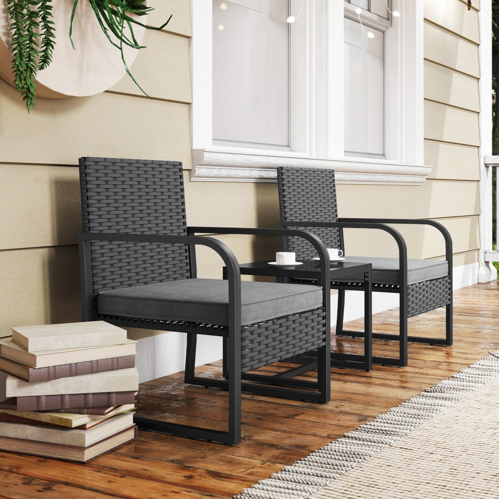 Salotto da Giardino con 2 Poltrone da Esterno e Tavolino con Piano in Vetro in Rattan Nero