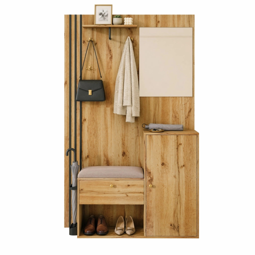 Guardaroba da ingresso compatto con specchio, panca imbottita e portascarpe, struttura in MDF, colore naturale e nero, 115 x 37 x 185 cm