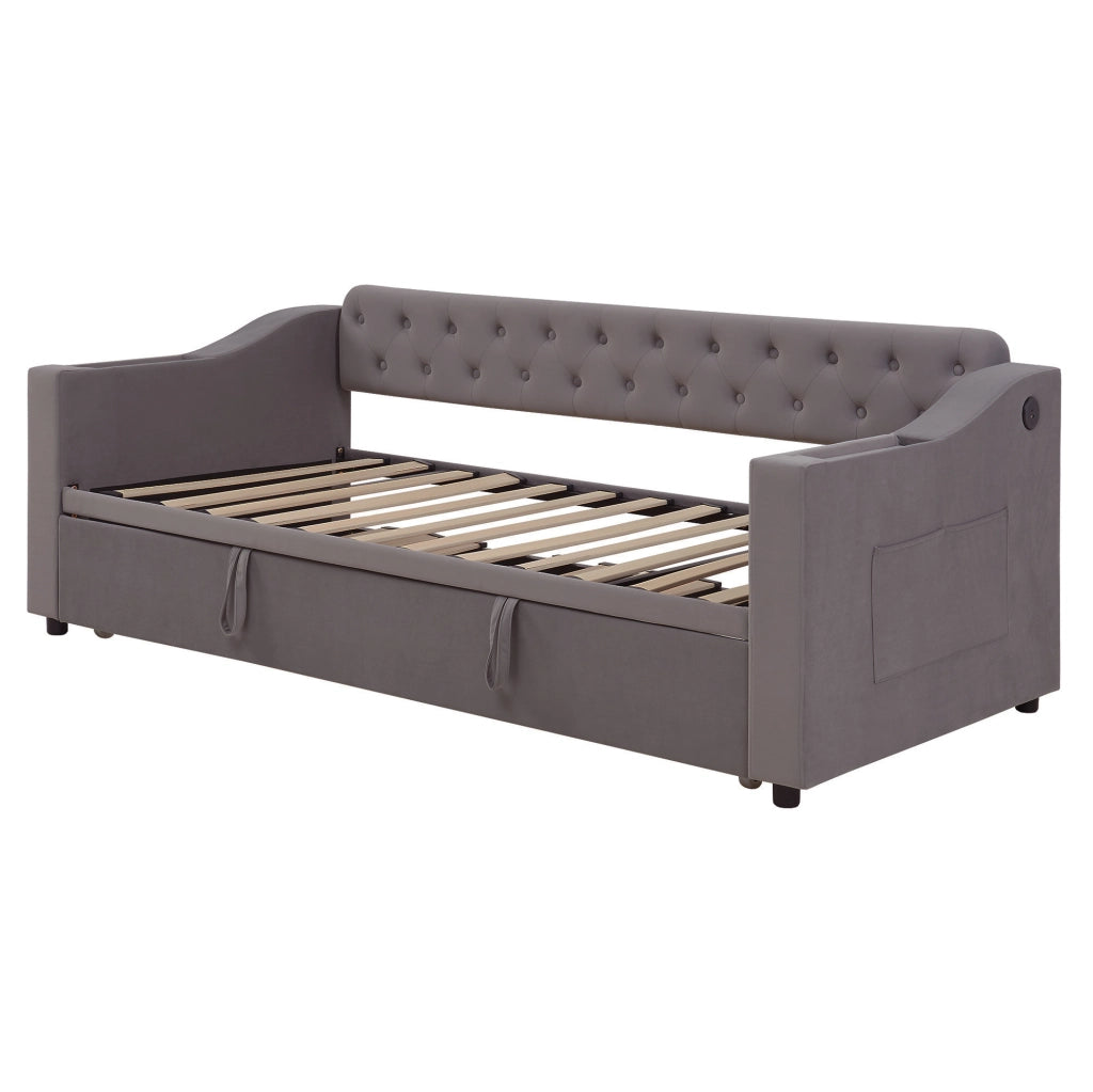Divano letto imbottito 90x190 cm con USB e vani portaoggetti in velluto grigio