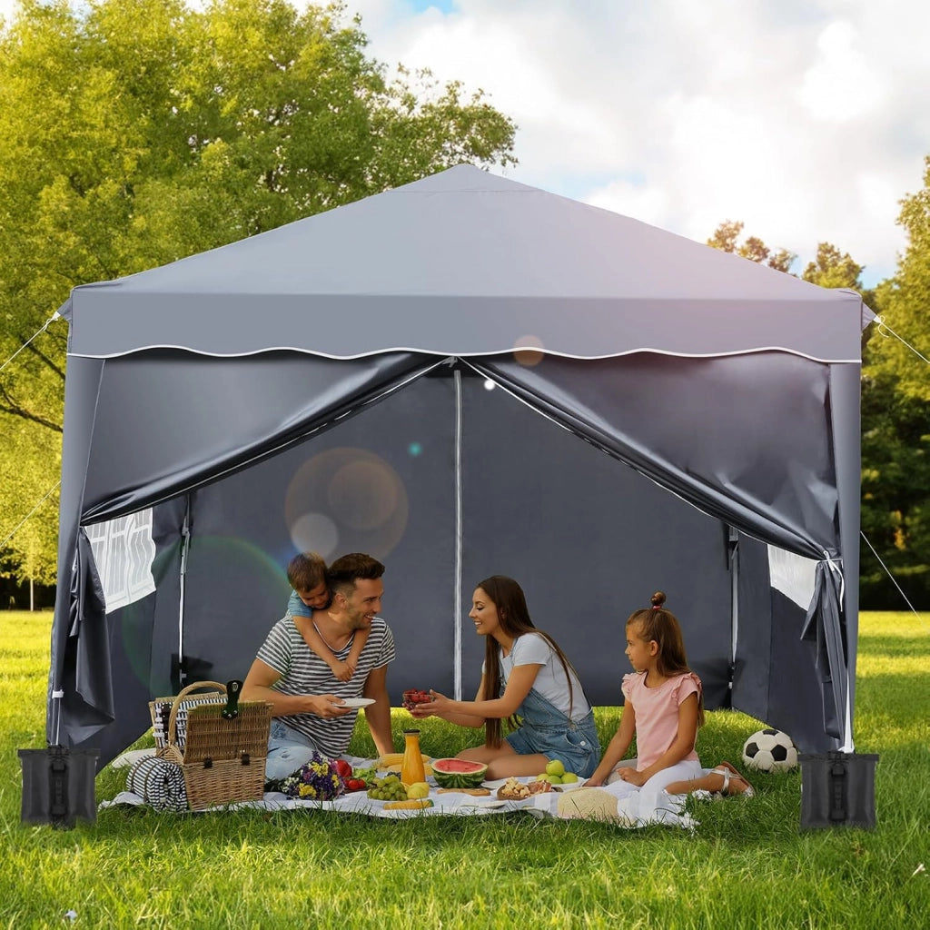 Gazebo Pieghevole 3x3 Impermeabile con 4 PCS Sacchi di Sabbia, UV 50+ 4 Pareti Laterali, Tenda da Campeggio, Giardino, Festival e Feste Grigio