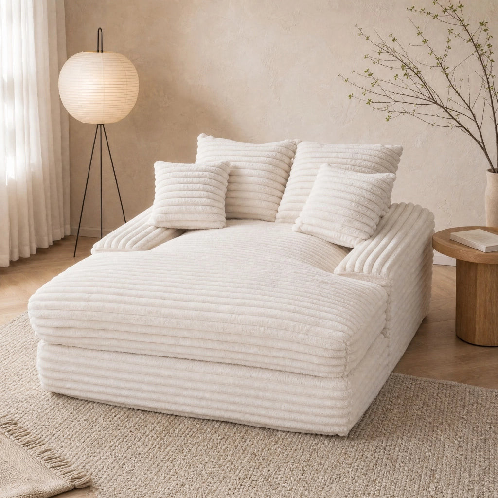 Poltrona chaise longue in velluto a coste beige con 4 cuscini sfoderabili e braccioli 135 × 165 × 58 cm