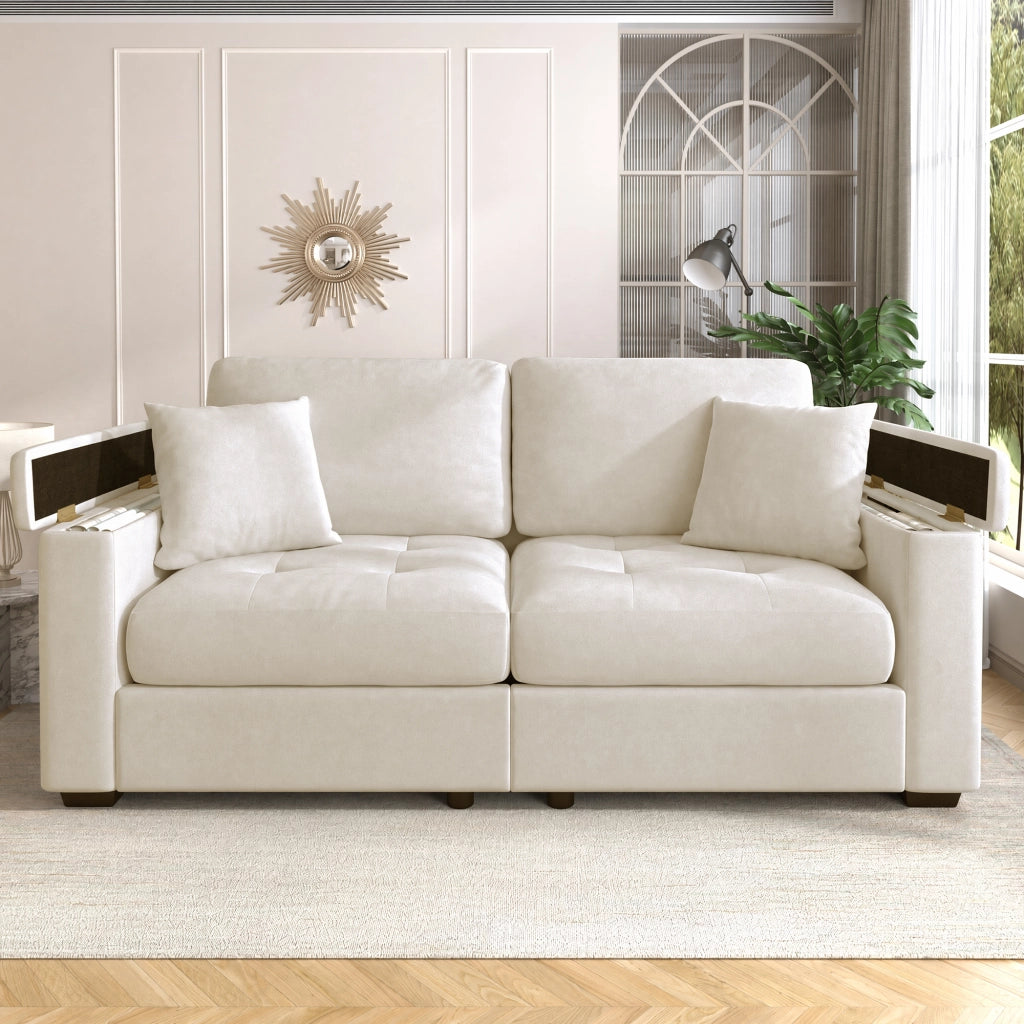 DIVANO 2 POSTI con vano portaoggetti nei braccioli 180 cm Chenille Beige con 2 cuscini