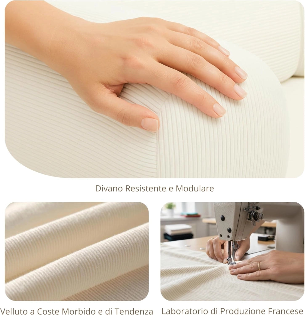Divano 2 Posti Prodotto in Francia - Divano Letto Modulare in Schiuma ad Alta Densità e Tessuto in Velluto a Coste - Design Innovativo Boneless Couch, Spedito Compresso (Ecru)