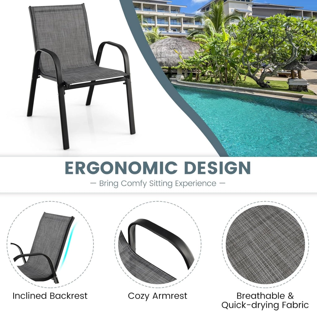 Set di 2 Sedie da Giardino Impilabili, Sedie da Terrazza con Braccioli, Sedie Impilabili in Metallo e Tssuto Textilene, Sedie da Balcone, 55 x 67 x 83 cm, Sedie da Pranzo per Patio, Terrazza