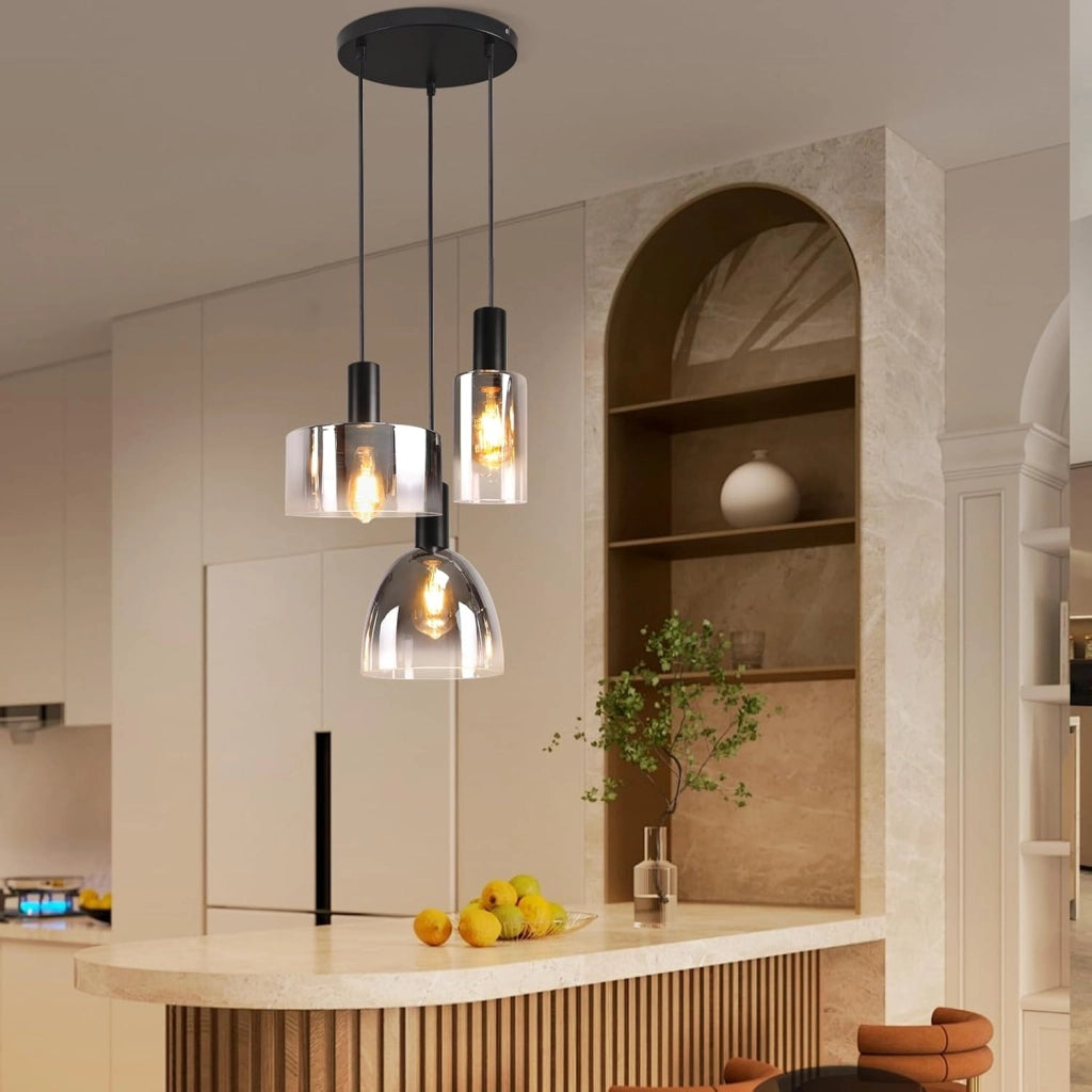 ZMH Lampada a Sospensione 3 Luci E27 Vintage Vetro Fum¨¦ Altezza Regolabile per Cucina Camera Senza Lampadina