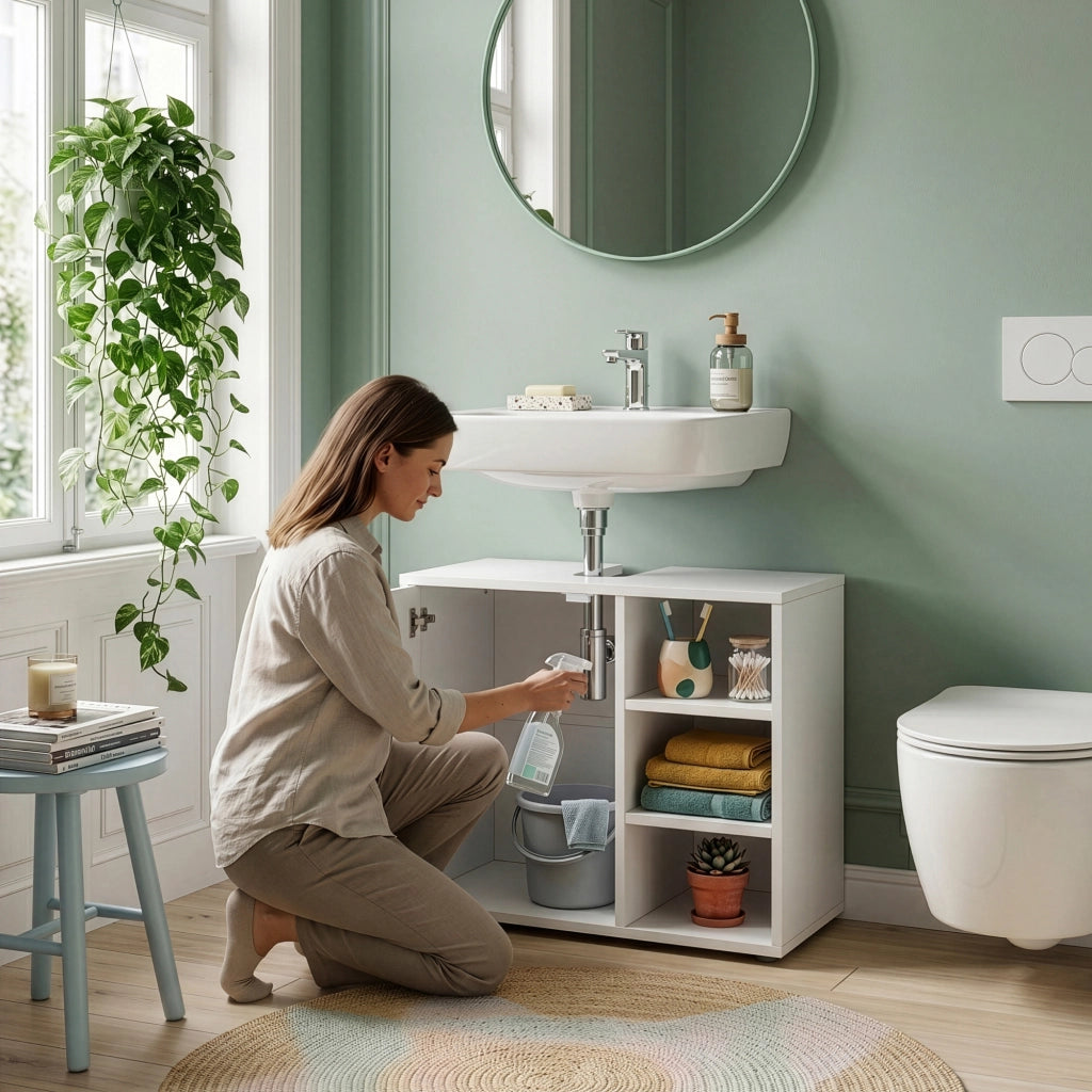 Mobile Sottolavabo Kulaik da Bagno ad Anta e 3 Scomparti Aperti 51 x 60 x 32 cm - Bianco [en.casa]