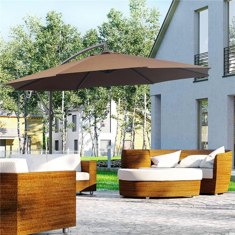 OMBRELLONE DECENTRATO Ø 3X2.5 M CON BASE A CROCE E MANOVELLA IN ACCIAIO E POLIESTERE COLOR CAFFÈ