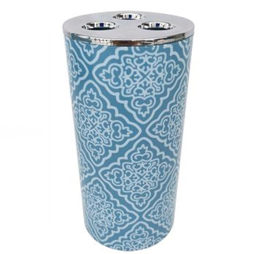 Trade Shop - Bicchiere Porta Spazzolino A 3 Fori Accessorio Bagno Celeste Con Maioliche 87027 -