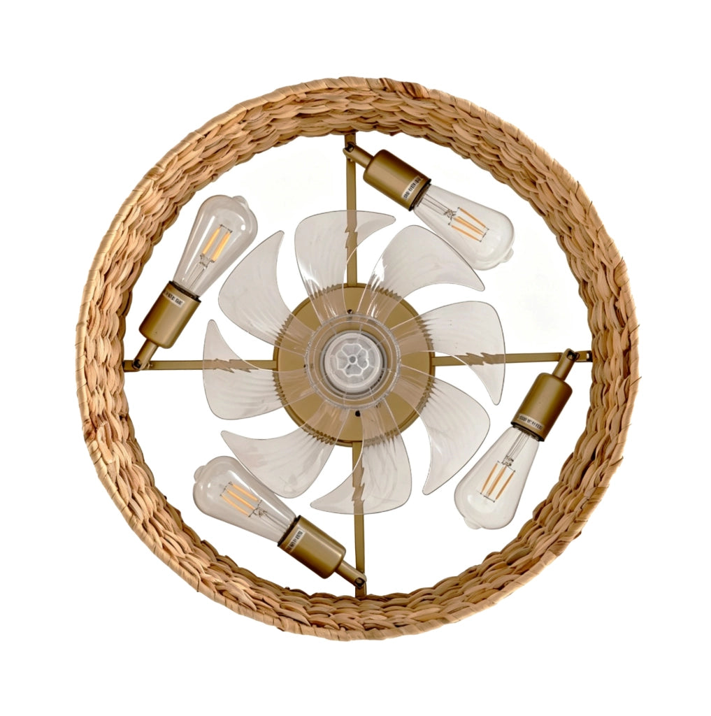 Plafoniera ventilatore da soffitto in rattan, controllo App e telecomando, rame