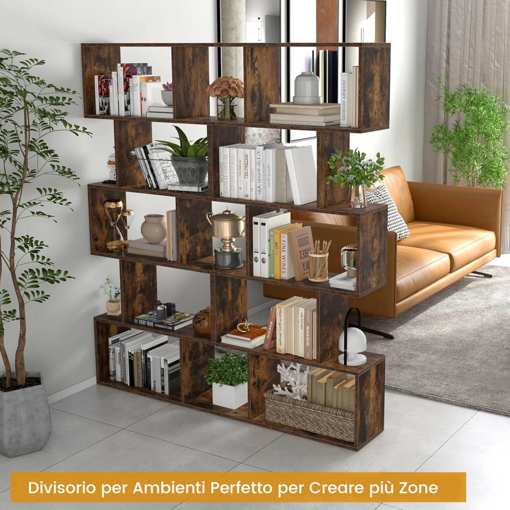 Scaffale in Legno a 5 Ripiani, Libreria Scaffale a Forma di S con Dispositivo Antiribaltamento, Divisorio per Soggiorno Ufficio Camera da Letto, 70 x 23,5 x 158 cm
