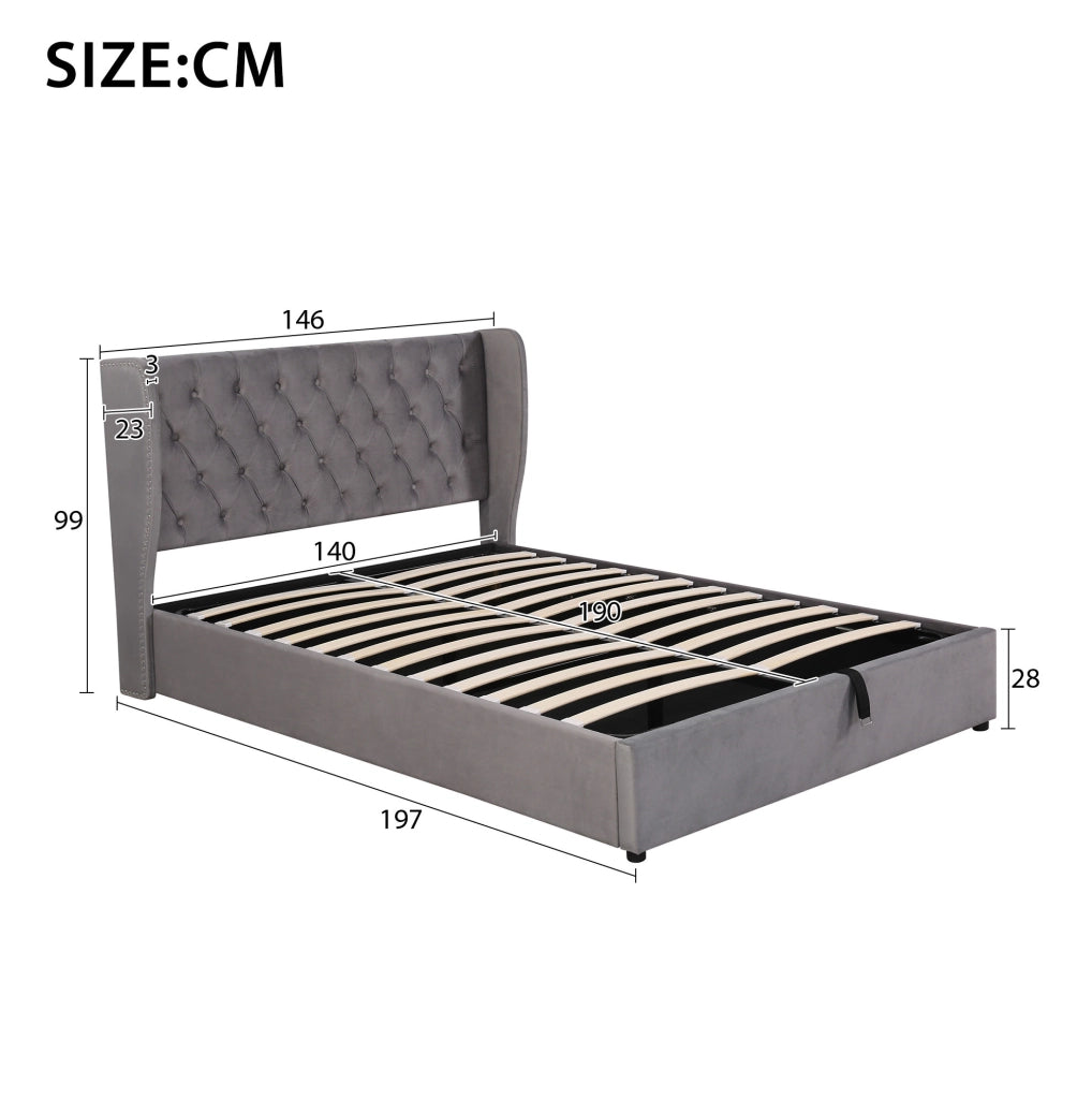 Letto matrimoniale imbottito con contenitore 140x190 cm in velluto grigio