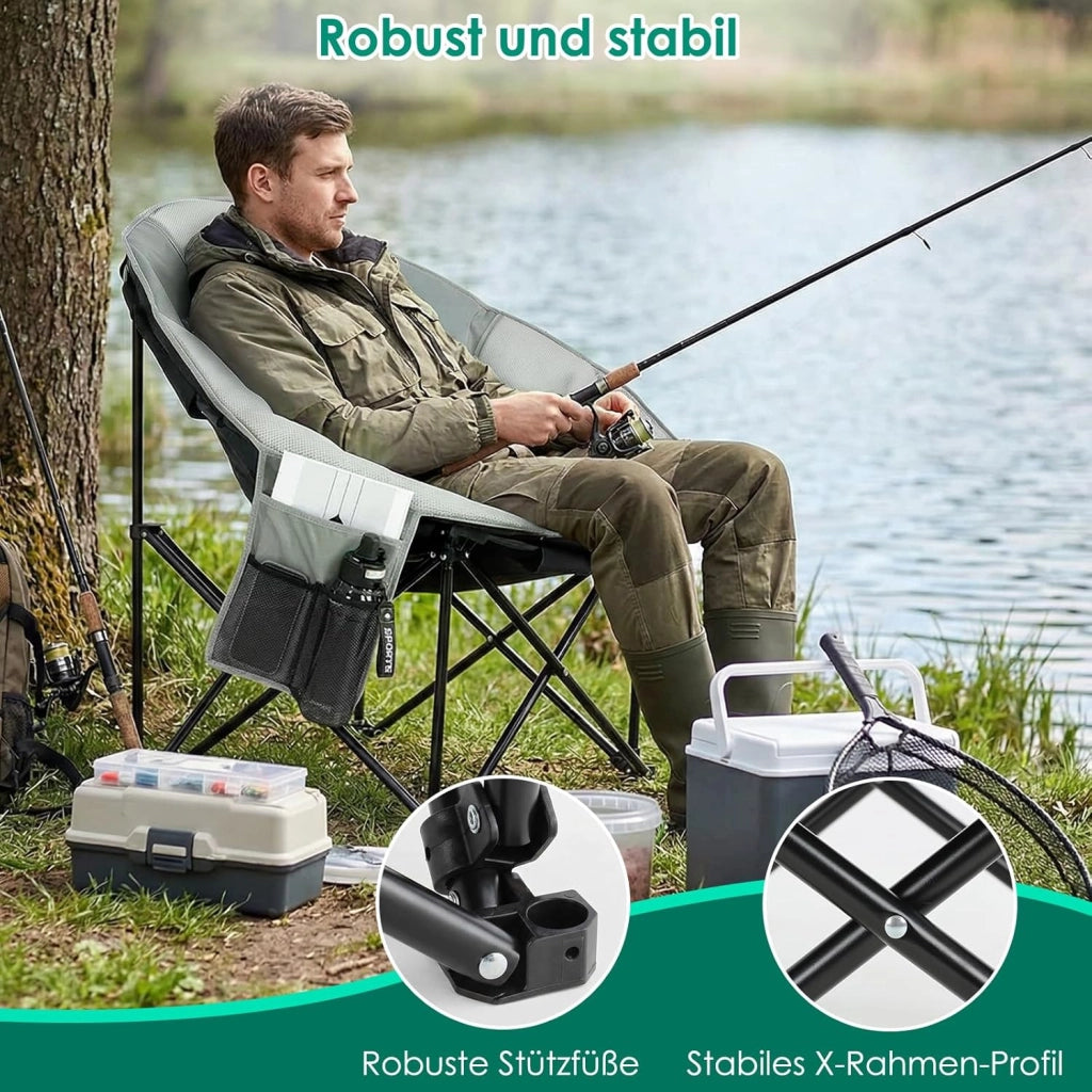 Sedia Pieghevole da Campeggio 150KG, Sedia da Campo Portatile, Moonchair XXL, con rete traspirante, Tasca Laterale, borsa per il trasporto, per Giardino, Spiaggia, Trekking, Pesca, Grigio