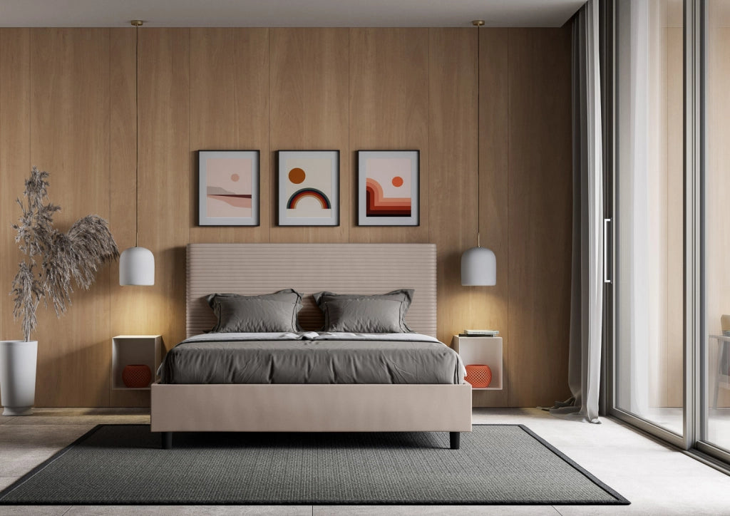 Letto Matrimoniale 160x210 cm con Rete e Contenitore con Testata e Alzata Comoda Imbottito in Similpelle Focus Tortora