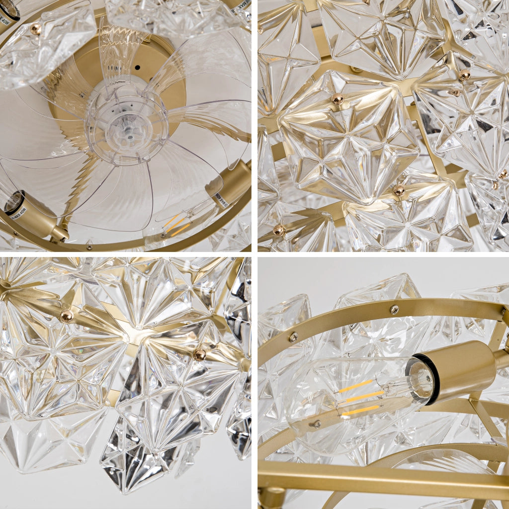 Ventilatore da soffitto con lampada e cristalli; 52x52x30 cm; metallo dorato e vetro