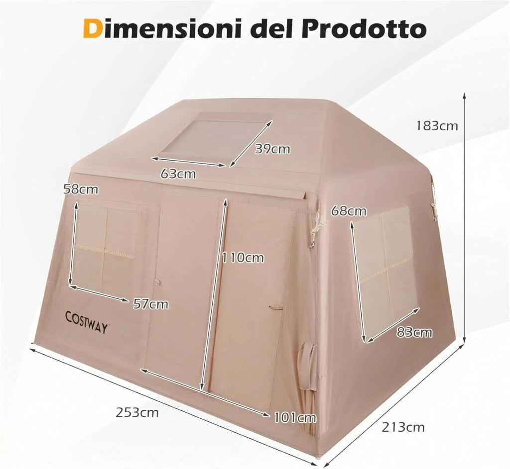 Tenda da Campeggio Gonfiabile per 4-6 Persone, Tenda Portatile da Esterno con Pompa, Porte e Finestre in Rete, Picchetti, Cordini Antivento e Borsa per il Trasporto per Viaggi e Escursionismo