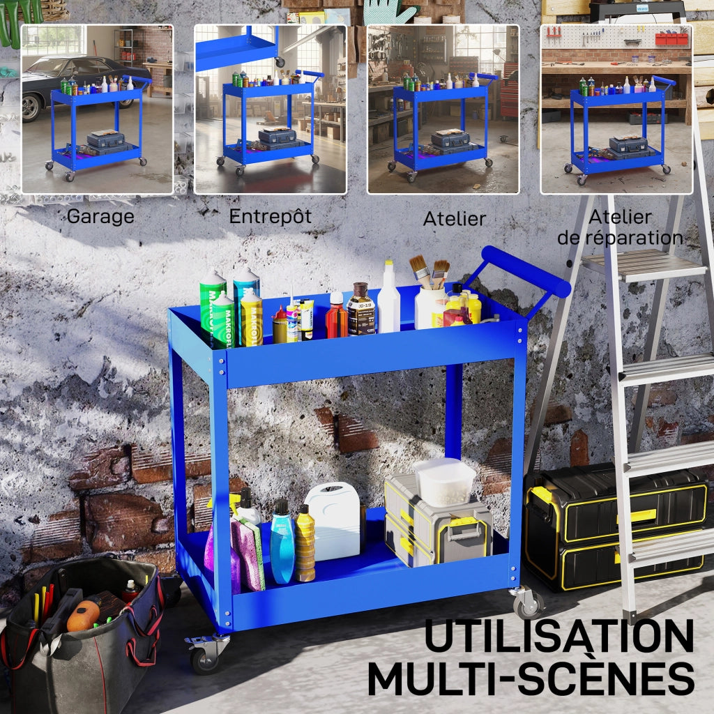 Carrello da lavoro a 2 livelli con maniglia laterale e ruote bloccabili ¨C zephmum ¨C 84.5x38x84cm blu