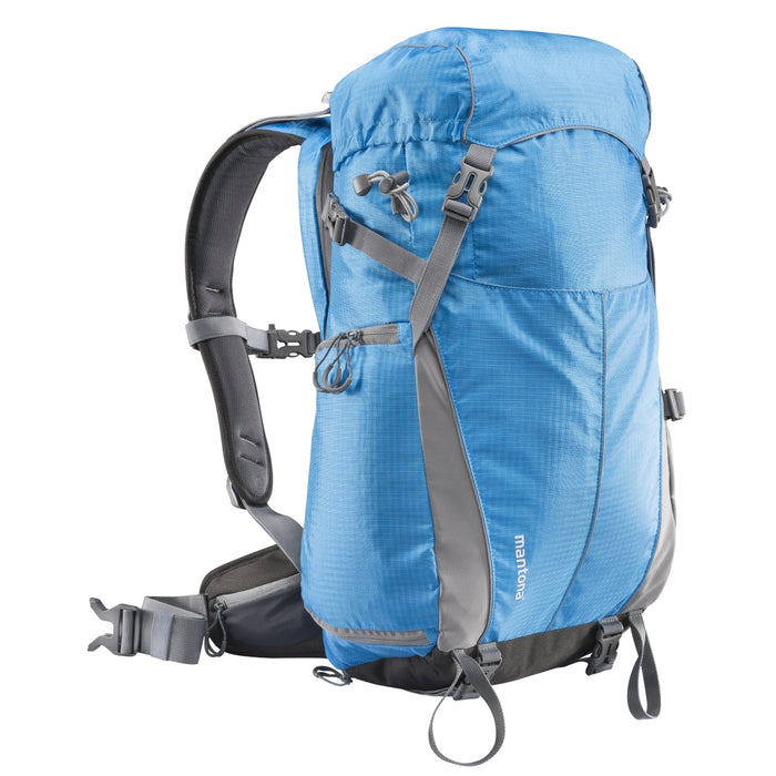 Mantona Elements Outdoor Zaino blu 2in1 per fotocamera e trekking, borsa fotografica con scomparti imbottiti per DSLR, drone, con supporto treppiede e copertura antipioggia