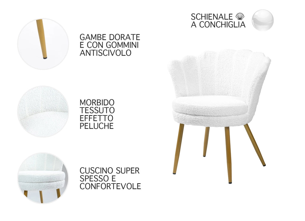 Poltrona Conchiglia Camera da Letto in Velluto Design Moderno Maddina TeddyBianco