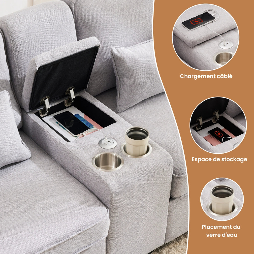 OKWISH Divano Lineare 4 Posti con Consolle, 2 Portabicchieri, 2 Porte USB, Tasche Laterali, Lino Grigio