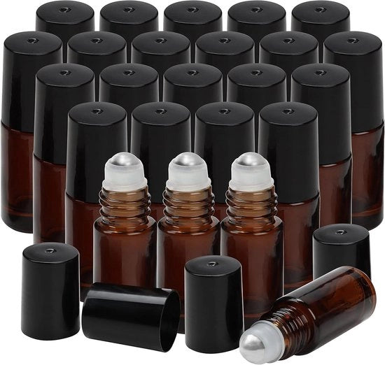 Amberkleurige Roller Flesjes 5ml Navulbaar - Roestvrijstalen Balletjes - Olio Eterico - Terapia Aromatica - Profumo - Parfumi - Aromi - Balsamo Labiale - Cosmetici - Adatto a Tutti i Tipi di Pelle