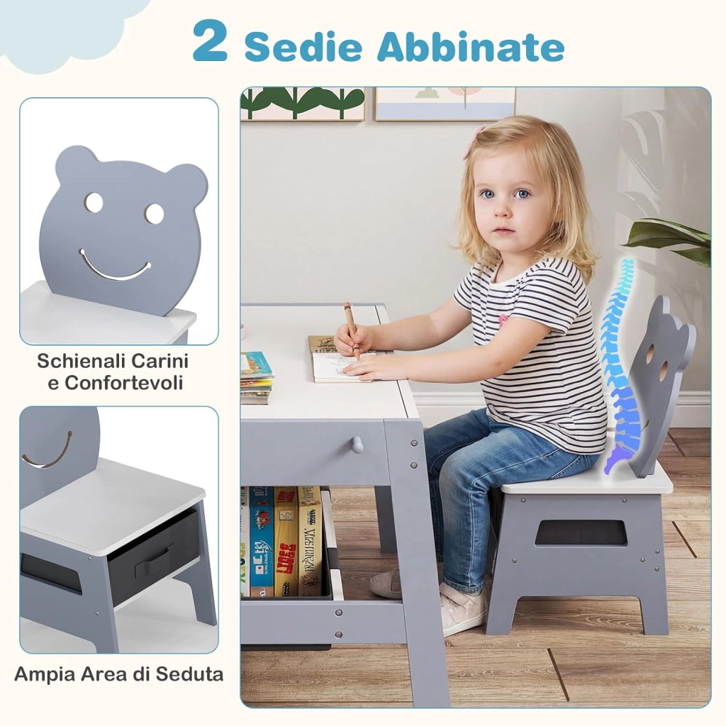 Set Tavolo e 2 Sedie per Bambini, 5 in 1 Tavolino e Sedie con 4 Ganci, 3 Scatole in Tessuto e Lavagna Reversibile per Bambini 3+ Anni per Cameretta Ragazzi (Grigio, Stile 4)
