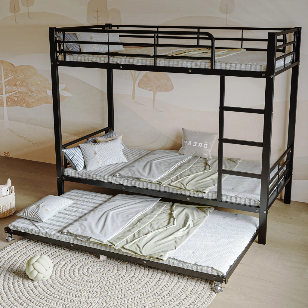 Letto a Castello 90x200 cm e 90x190 cm; 3 Posti - con Scaletta; Sponde in Metallo Nero