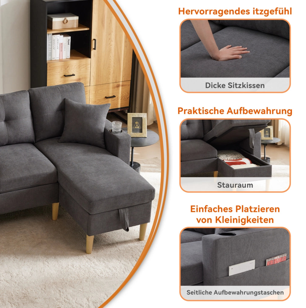 Divano angolare 3 posti con chaise longue e contenitore grigio scuro