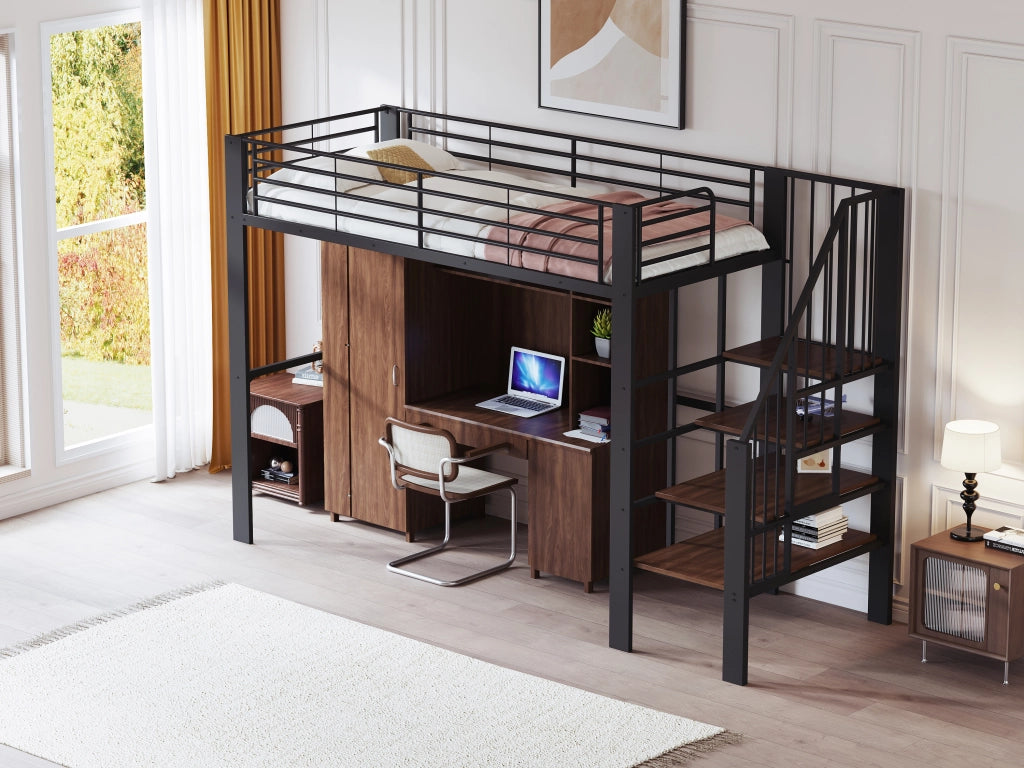 DESMIU Letto a Soppalco 1 Posto con Scala e Ampio Spazio Contenitore 90 × 200 cm, senza materasso, Metallo e Legno, Nero