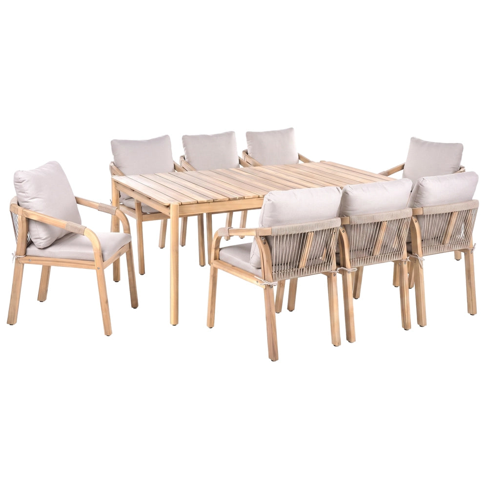 Set da pranzo da esterno composto da tavolo e 8 sedie in legno di acacia color marrone chiaro, con piano rettangolare in stile rustico da giardino