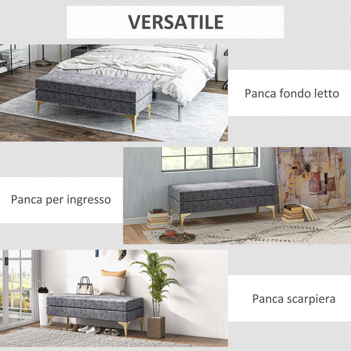 Panca Fondo Letto Imbottita a 2 Strati 121x50,5x46,5 cm in Tessuto Effetto Velluto Grigio Scuro