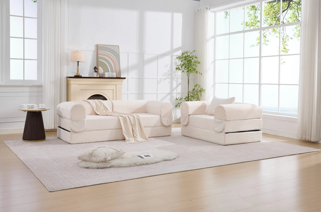 Divano modulare con seduta singola e doppia, senza telaio, in tessuto corduroy imbottito beige per piccoli spazi