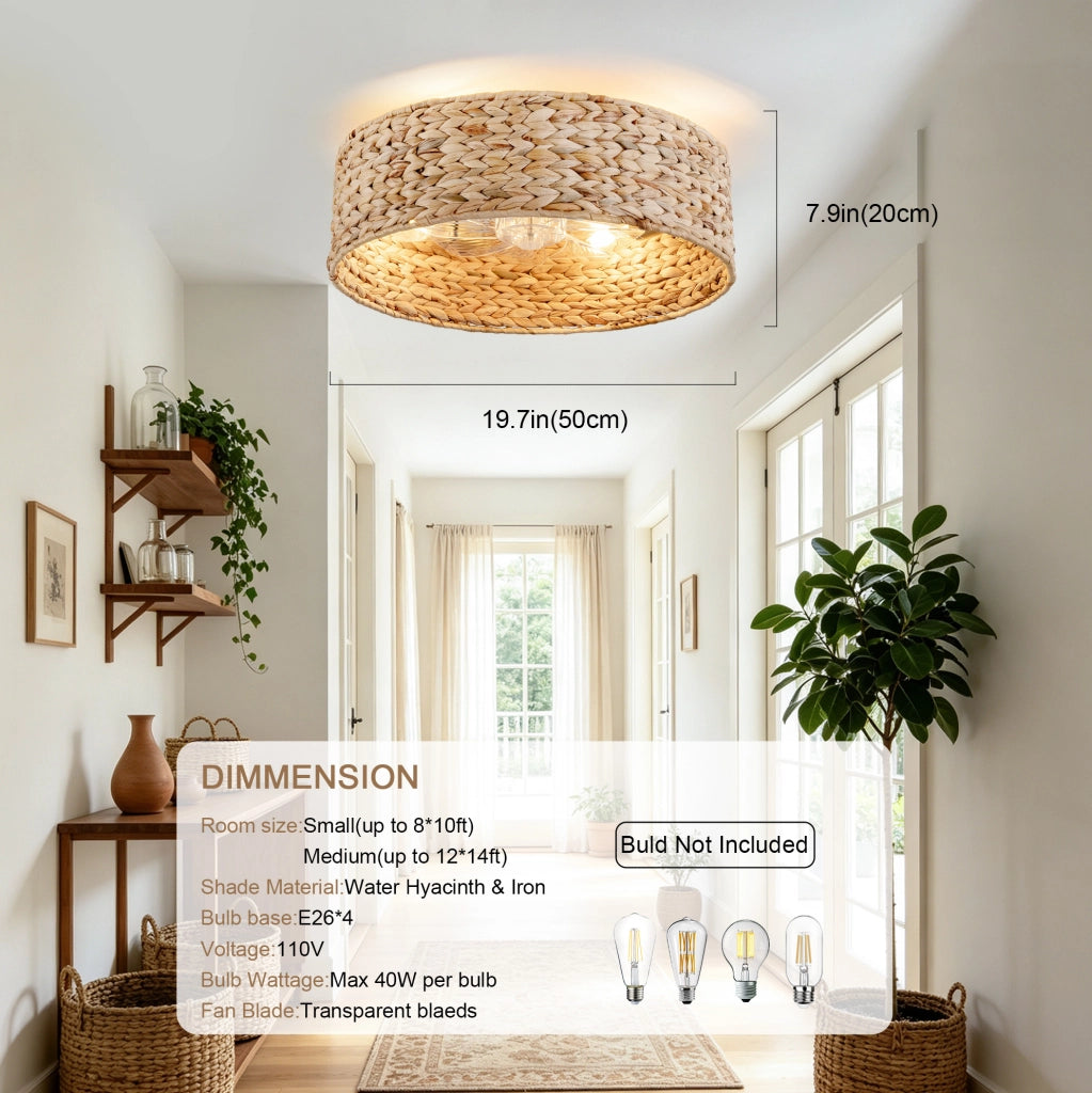 Ventilatore da soffitto con lampada 19 pollici in rattan; controllo Bluetooth e telecomando; rame