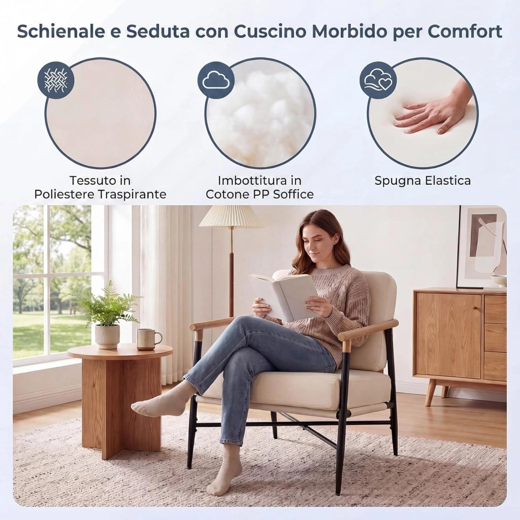 Poltrona Salotto Imbottita, Sedia da Lettura, Relax, Poltroncina con Braccioli, Schienale e Cuscini, per Soggiorno, Camera da Letto, Sala Attesa, Moderno e Comodo, 67 X 73 X 88 CM (Beige)