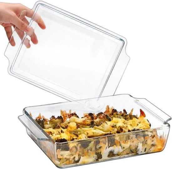 Piatto a Casserole con Coperchio 24x20x6cm 2L - Piatto in Vetro per Due Persone, Sicuro per Microonde e Forno