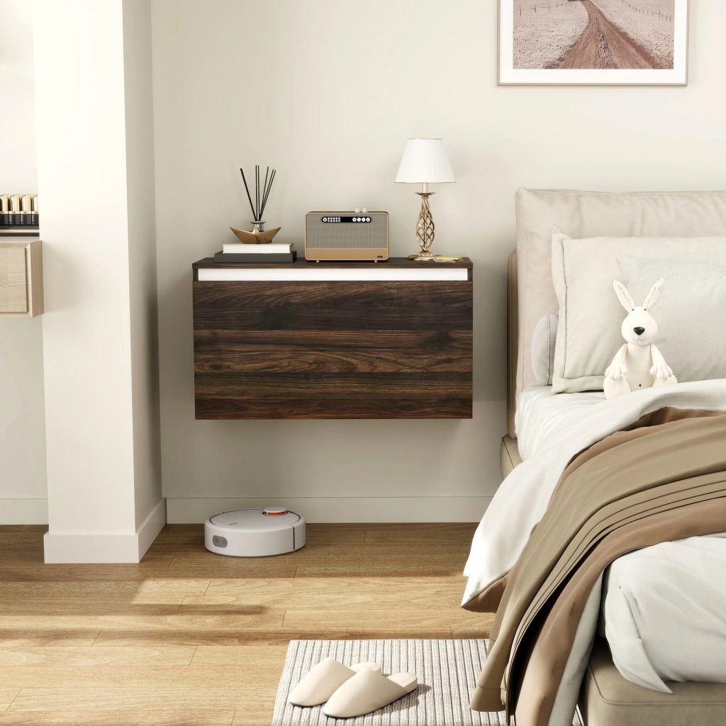 Comodino Sospeso con Cassetto Senza Maniglie e con Fissaggio a Parete, 80x30x45cm, Noce