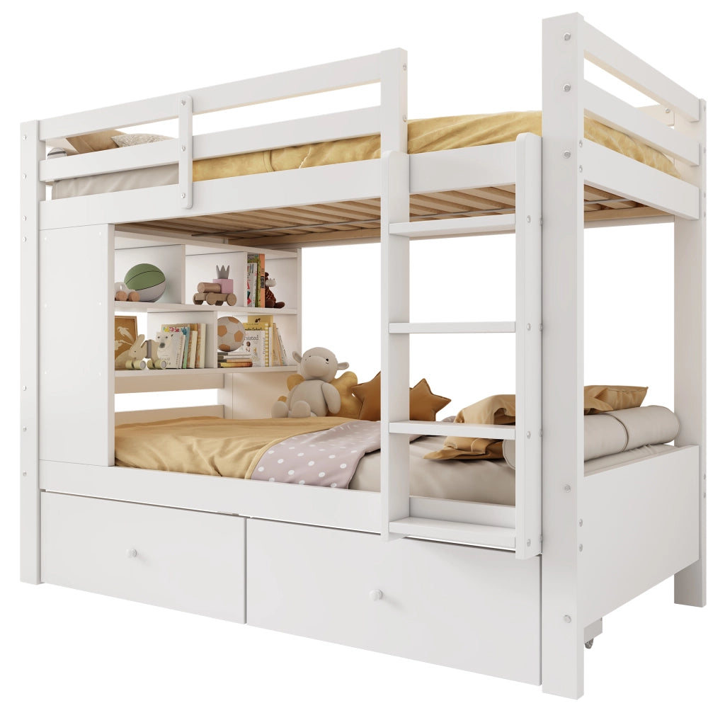 Letto a Castello 90 x 200 cm e 90 x 200 cm; 2 Posti - 2 Cassetti; Scala e Scaffale