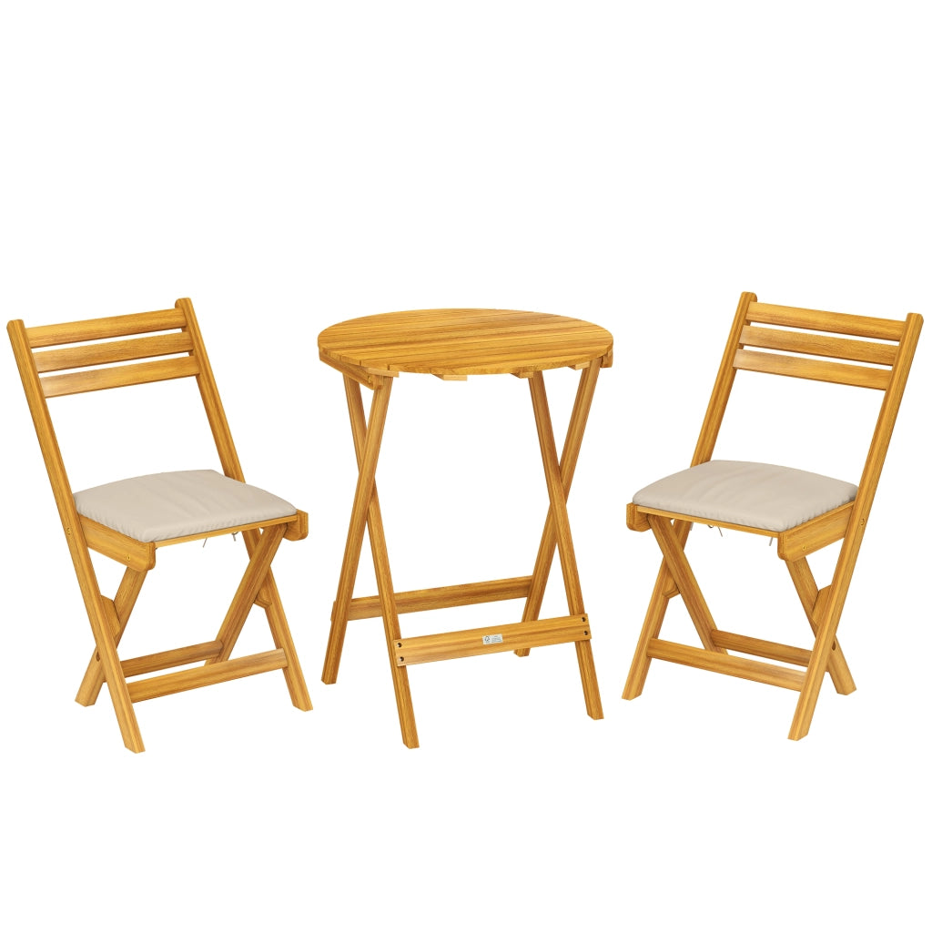 Set di mobili da balcone 3 pezzi Set di mobili da giardino pieghevoli in legno FSC con tavolino rotondo 2 sedie cuscino di sedile a listella traspirante