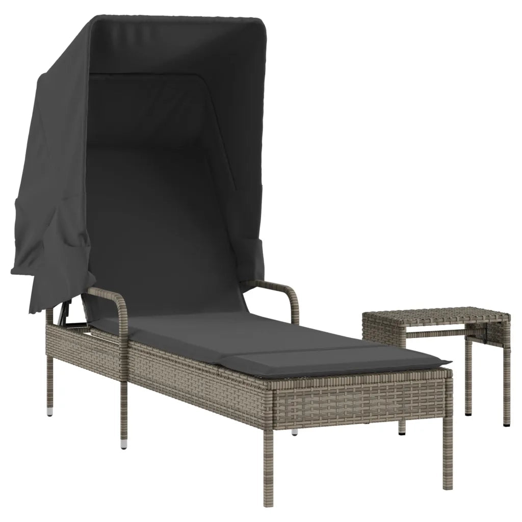 Lettino Prendisole | Sdraio da giardino | Lettino da sole con Baldacchino e Tavolino Grigio Polyrattan