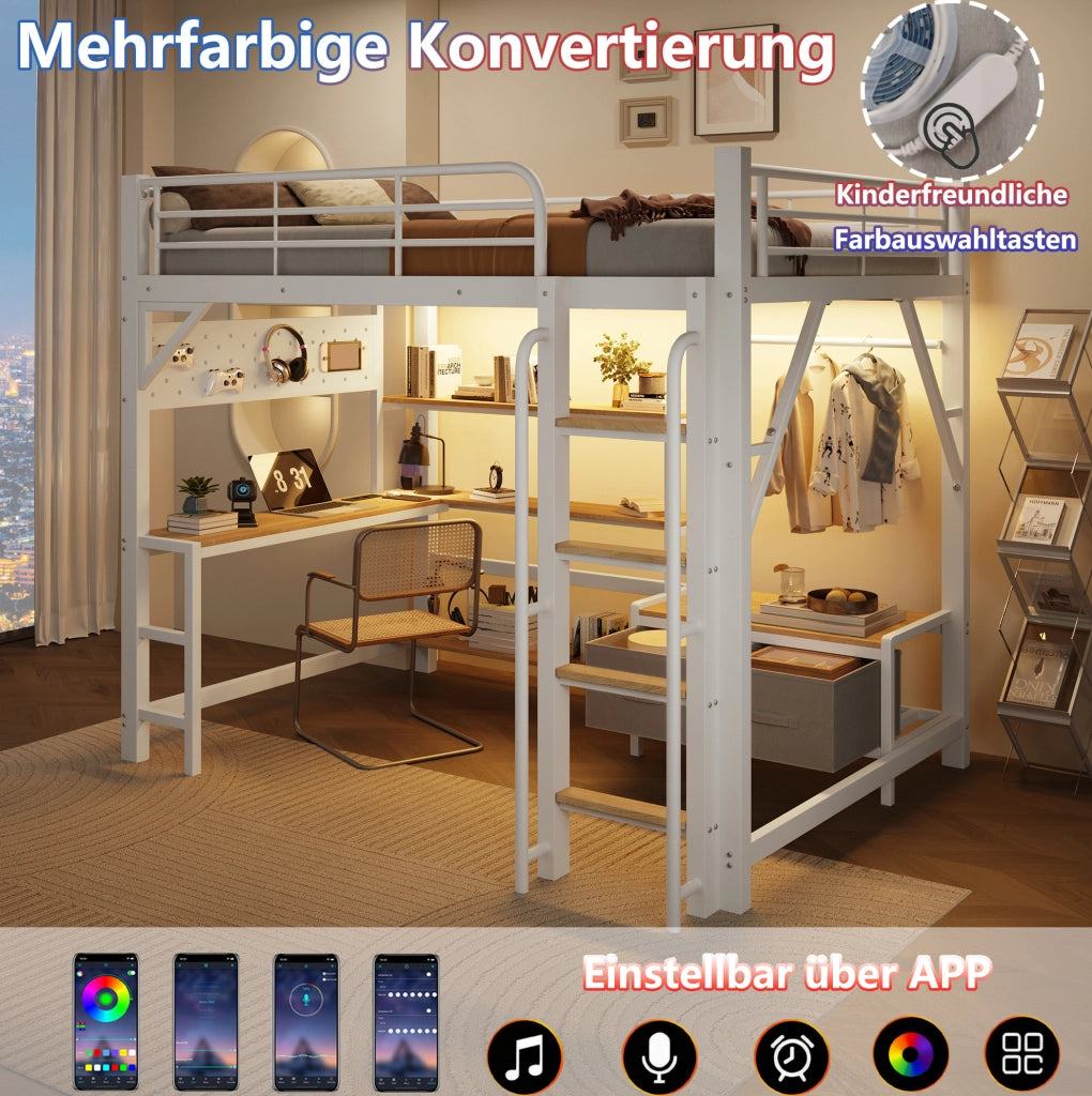 Letto a castello 140x200 cm in metallo e MDF con scrivania; LED; USB e contenitori; bianco