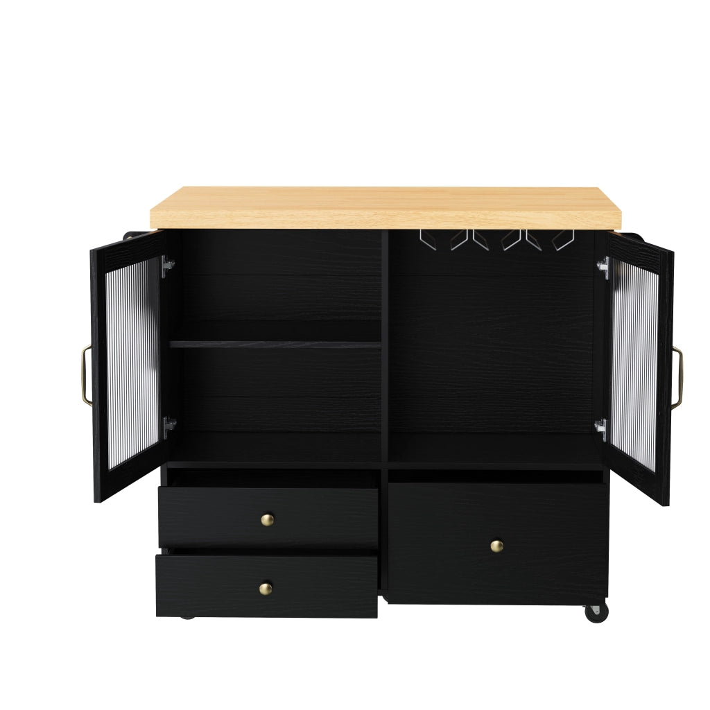 Mobile cucina con ruote e tavolo estraibile - Zephmum - Portabottiglie e spazio di archiviazione, nero