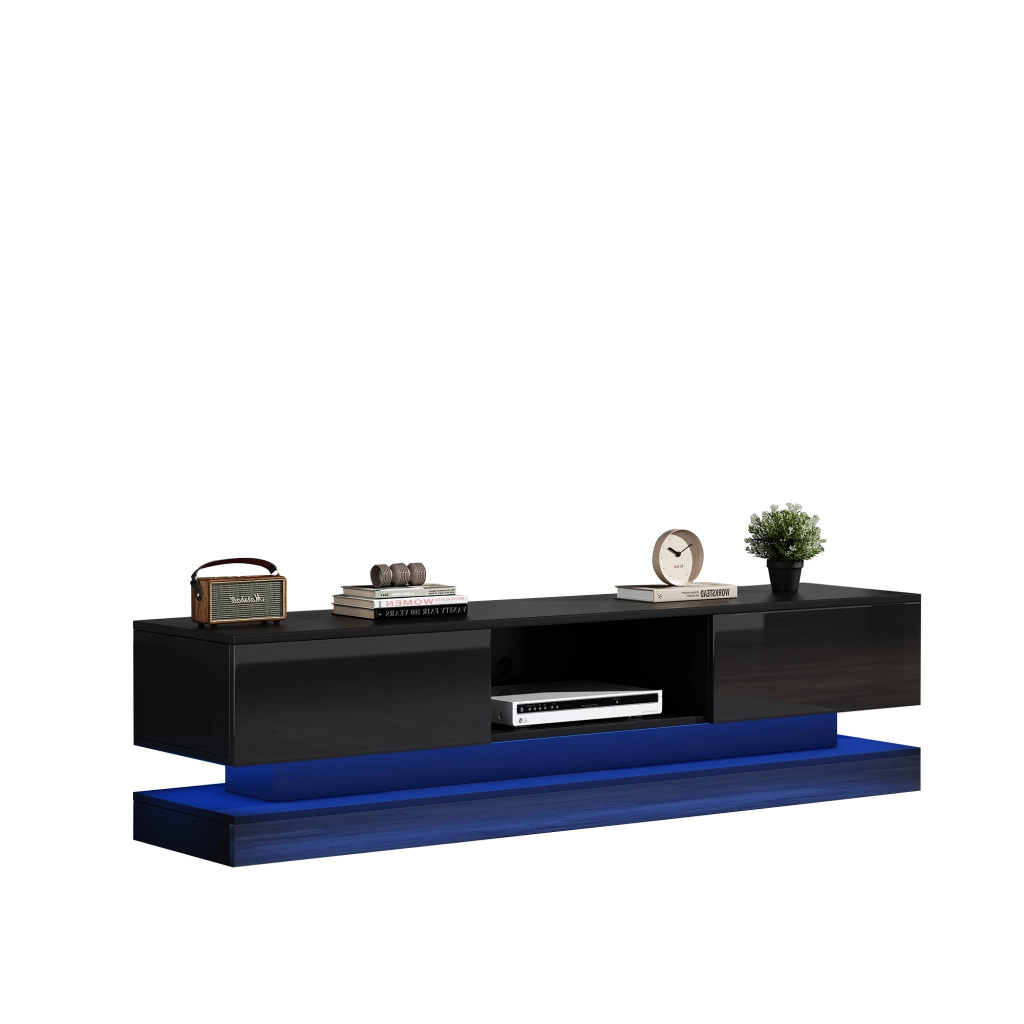 Mobile TV da Soggiorno Lucido con LED e 2 Cassetti ¨C MINIMAL ¨C Nero, 160x35x40,5 cm