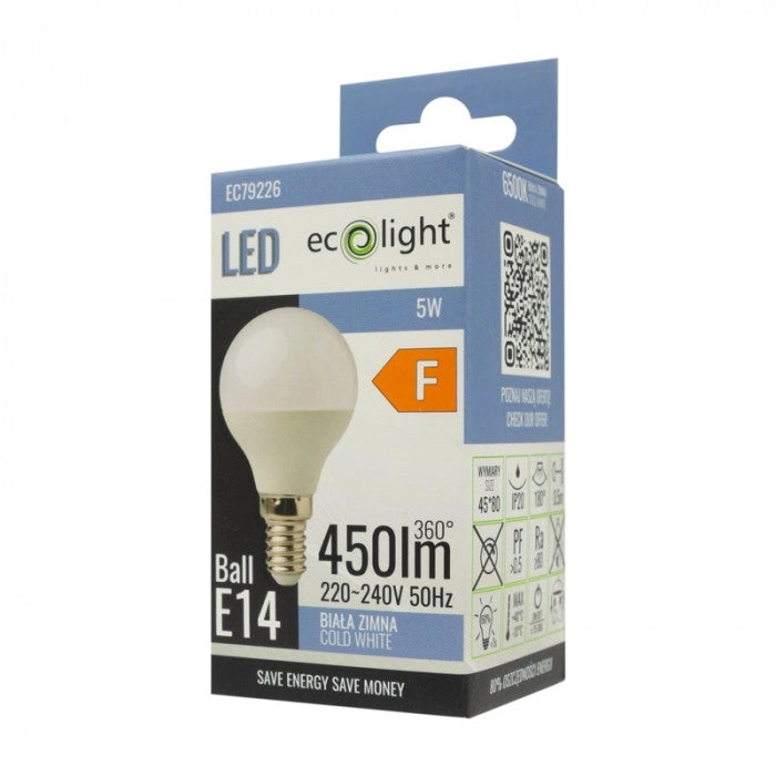 Lampadina LED sferica opale E14 5W 450lm 6500K Ecolight