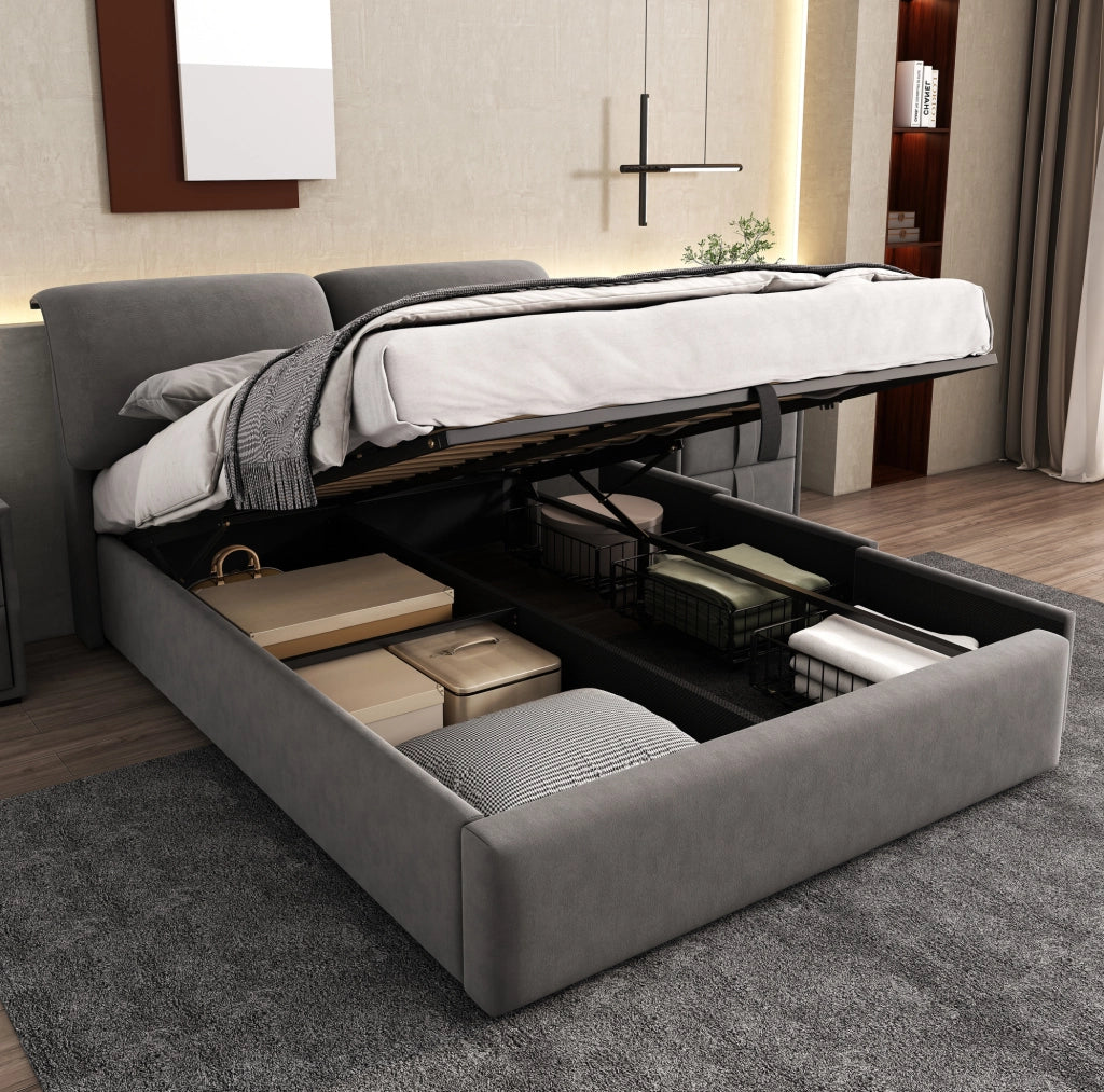 Letto imbottito 140x190 cm in velluto grigio con contenitore; 3 cassetti e testiera regolabile