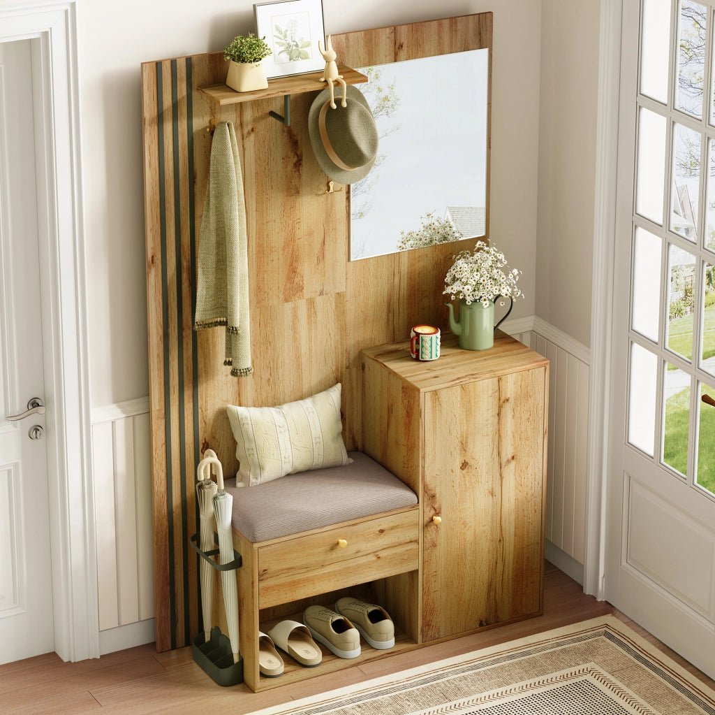Garderoba da ingresso con specchio e panca 115x37x185 cm in MDF naturale e nero