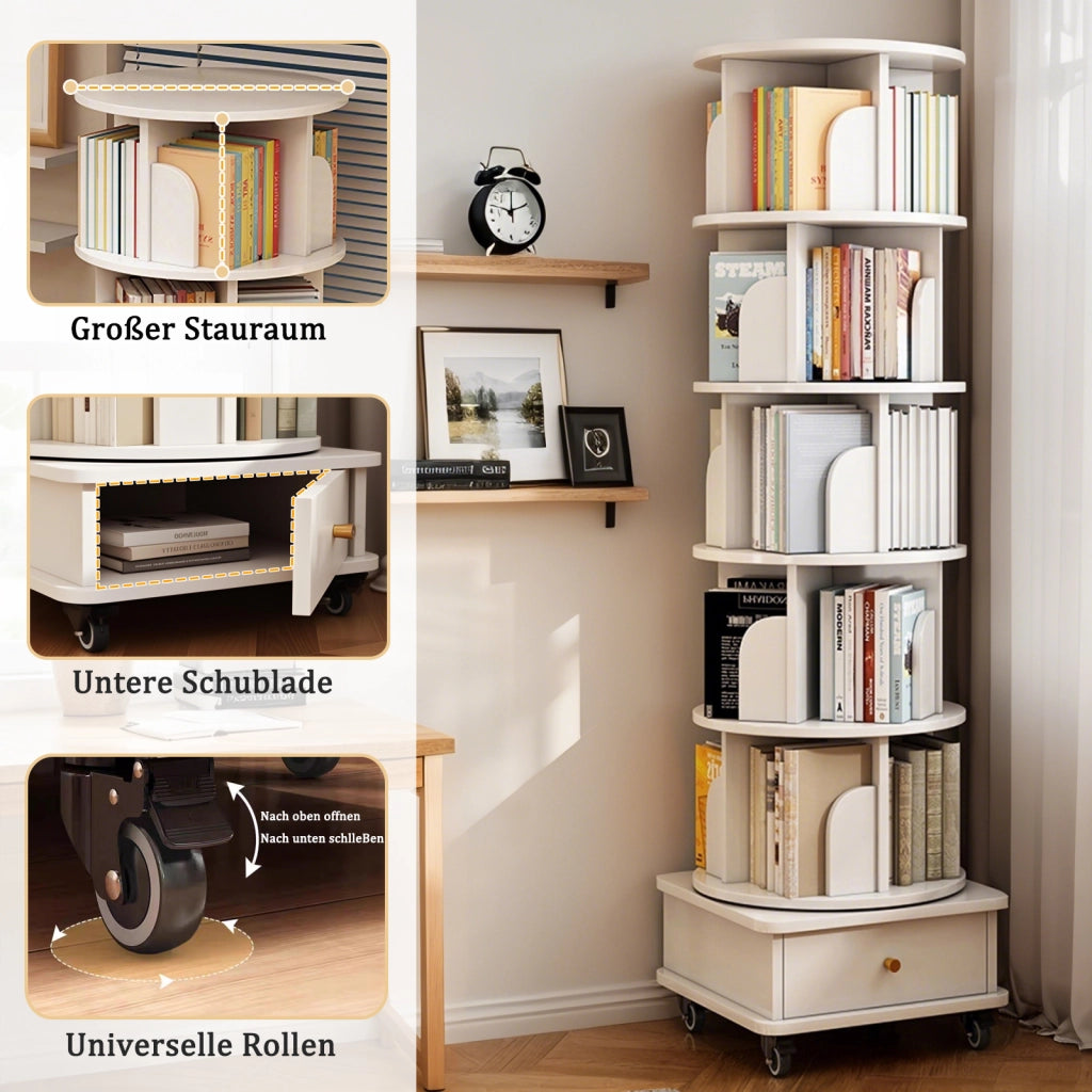 Libreria girevole con 1 cassetto 360° e ruote per camera da letto e soggiorno in MDF bianco 58 × 56 × 29 cm